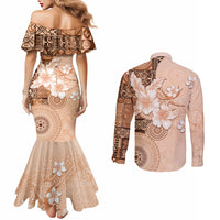 Hawaii Tapa Pattern With Brown Hibiscus Couples Matching Mermaid Dress and Long Sleeve Button Shirt