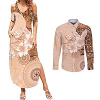 Hawaii Tapa Pattern With Brown Hibiscus Couples Matching Summer Maxi Dress and Long Sleeve Button Shirt