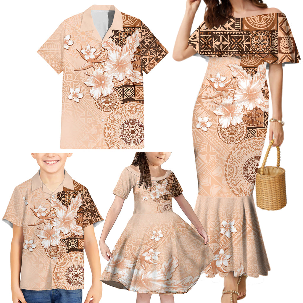 Hawaii Tapa Pattern With Brown Hibiscus Family Matching Mermaid Dress and Hawaiian Shirt