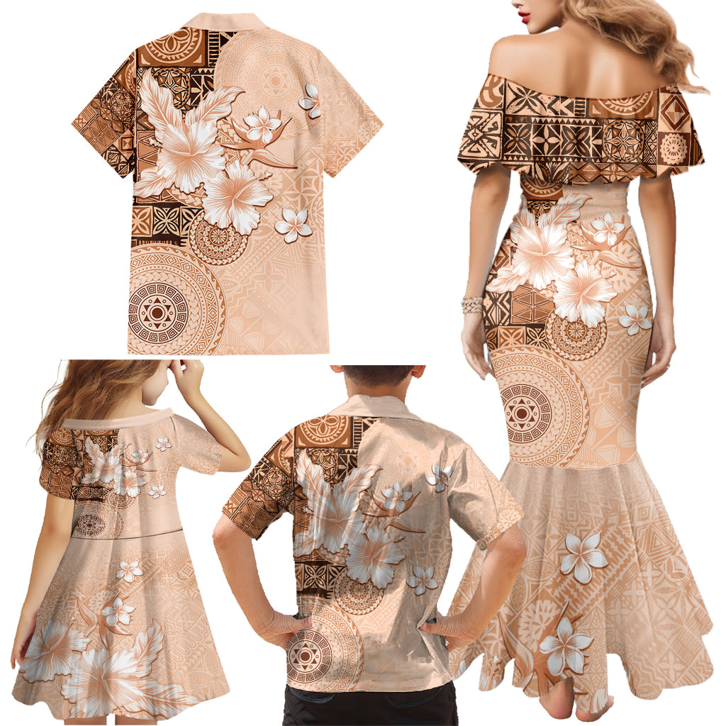 Hawaii Tapa Pattern With Brown Hibiscus Family Matching Mermaid Dress and Hawaiian Shirt