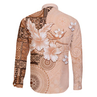 Hawaii Tapa Pattern With Brown Hibiscus Family Matching Off The Shoulder Long Sleeve Dress and Hawaiian Shirt