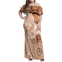 Hawaii Tapa Pattern With Brown Hibiscus Family Matching Off Shoulder Maxi Dress and Hawaiian Shirt