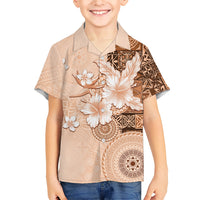 Hawaii Tapa Pattern With Brown Hibiscus Kid Hawaiian Shirt LT05 Kid Brown - Polynesian Pride