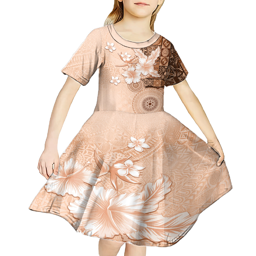 Hawaii Tapa Pattern With Brown Hibiscus Kid Short Sleeve Dress