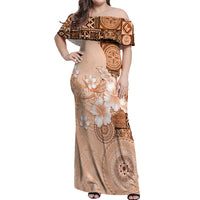 Hawaii Tapa Pattern With Brown Hibiscus Off Shoulder Maxi Dress