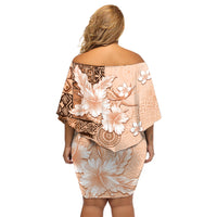 Hawaii Tapa Pattern With Brown Hibiscus Off Shoulder Short Dress