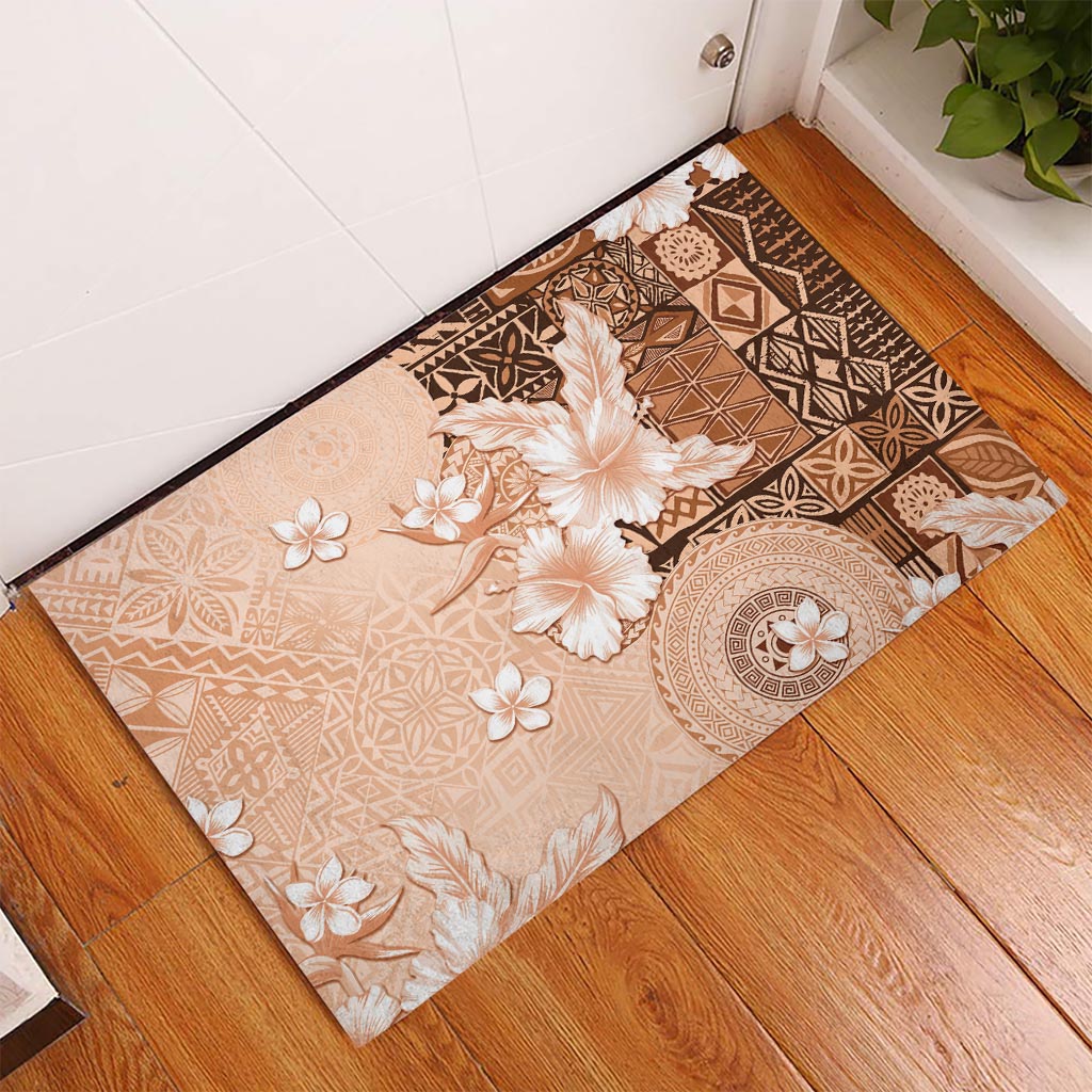 Hawaii Tapa Pattern With Brown Hibiscus Rubber Doormat