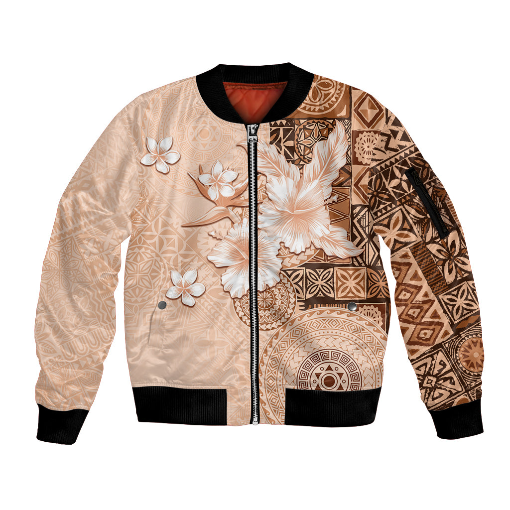 Hawaii Tapa Pattern With Brown Hibiscus Sleeve Zip Bomber Jacket