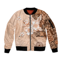 Hawaii Tapa Pattern With Brown Hibiscus Sleeve Zip Bomber Jacket
