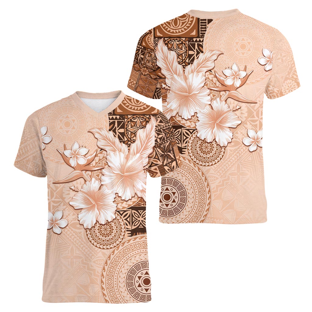 Hawaii Tapa Pattern With Brown Hibiscus Women V-Neck T-Shirt LT05 - Polynesian Pride