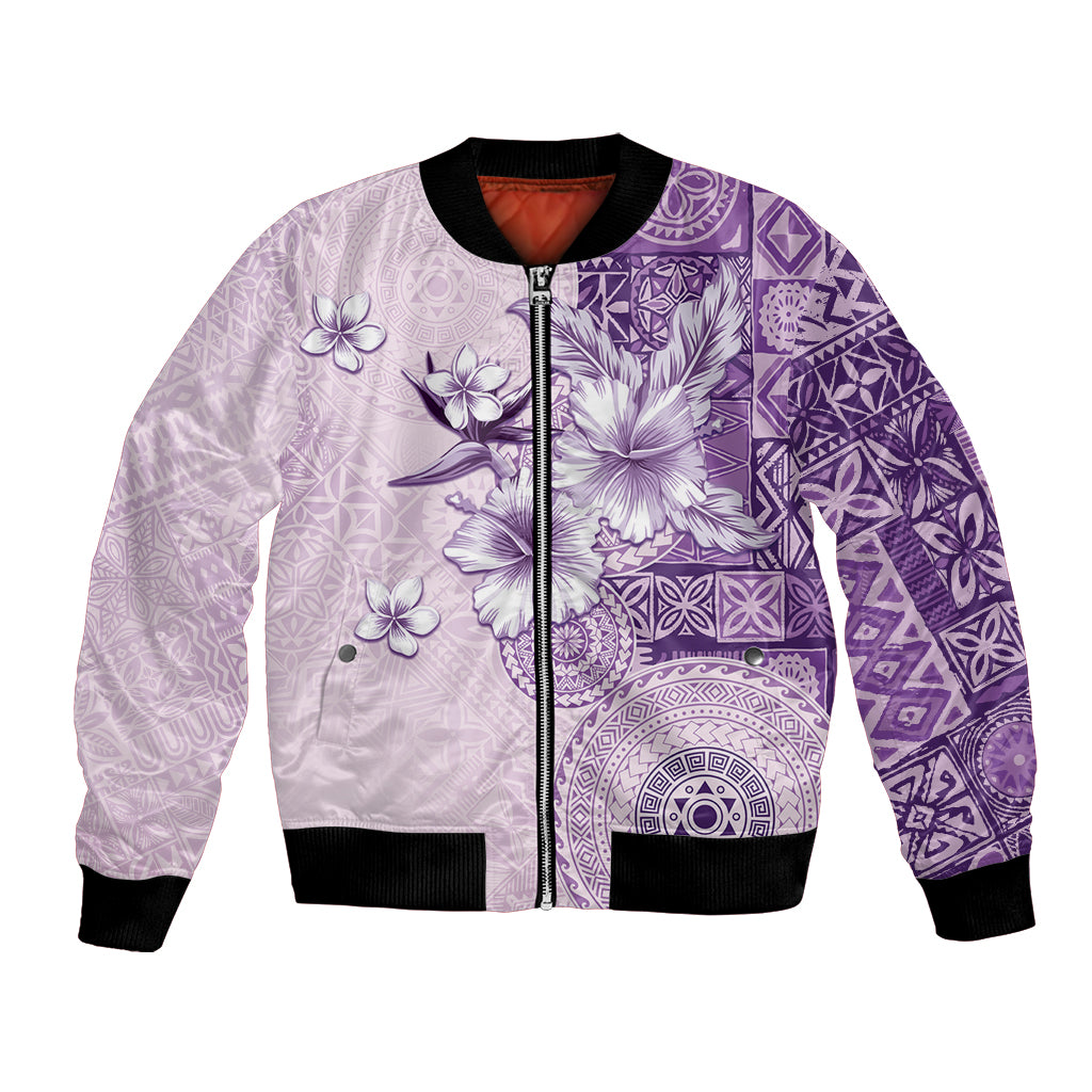 Hawaii Tapa Pattern With Violet Hibiscus Bomber Jacket
