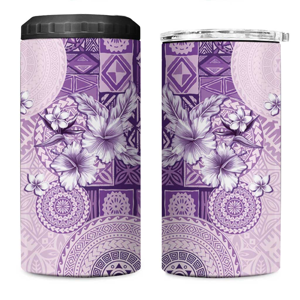 Hawaii Tapa Pattern With Violet Hibiscus 4 in 1 Can Cooler Tumbler