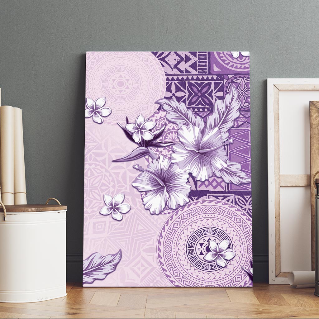 Hawaii Tapa Pattern With Violet Hibiscus Canvas Wall Art