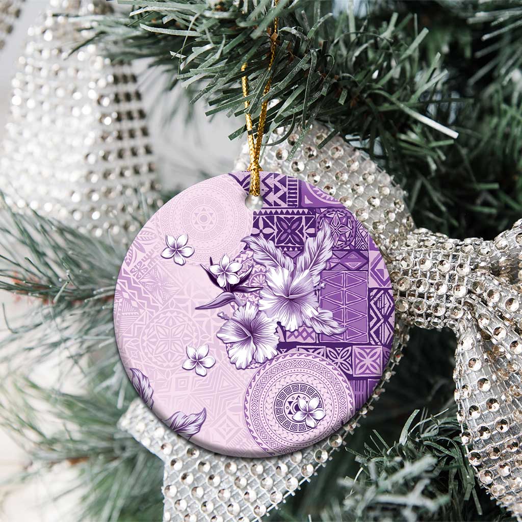 Hawaii Tapa Pattern With Violet Hibiscus Ceramic Ornament