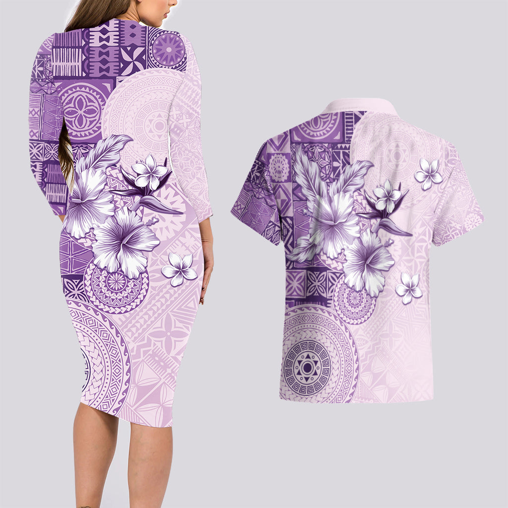 Hawaii Tapa Pattern With Violet Hibiscus Couples Matching Long Sleeve Bodycon Dress and Hawaiian Shirt