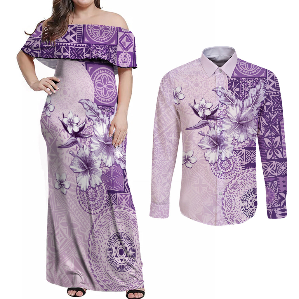 Hawaii Tapa Pattern With Violet Hibiscus Couples Matching Off Shoulder Maxi Dress and Long Sleeve Button Shirt