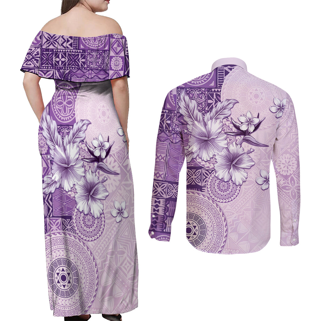 Hawaii Tapa Pattern With Violet Hibiscus Couples Matching Off Shoulder Maxi Dress and Long Sleeve Button Shirt