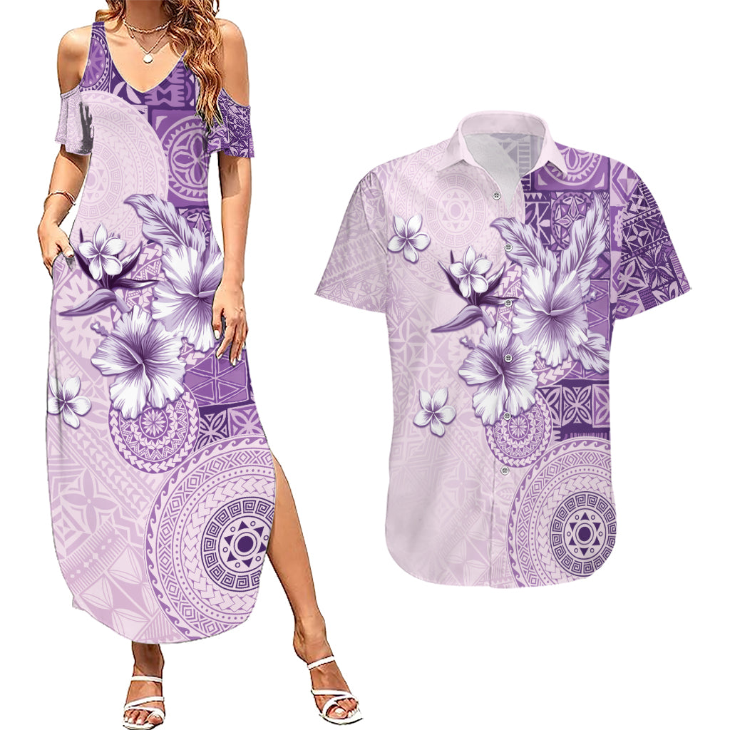Hawaii Tapa Pattern With Violet Hibiscus Couples Matching Summer Maxi Dress and Hawaiian Shirt