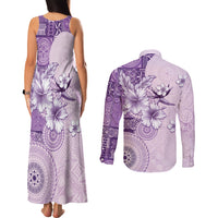 Hawaii Tapa Pattern With Violet Hibiscus Couples Matching Tank Maxi Dress and Long Sleeve Button Shirt