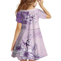 Hawaii Tapa Pattern With Violet Hibiscus Family Matching Long Sleeve Bodycon Dress and Hawaiian Shirt