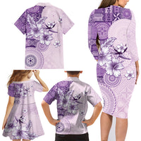 Hawaii Tapa Pattern With Violet Hibiscus Family Matching Long Sleeve Bodycon Dress and Hawaiian Shirt