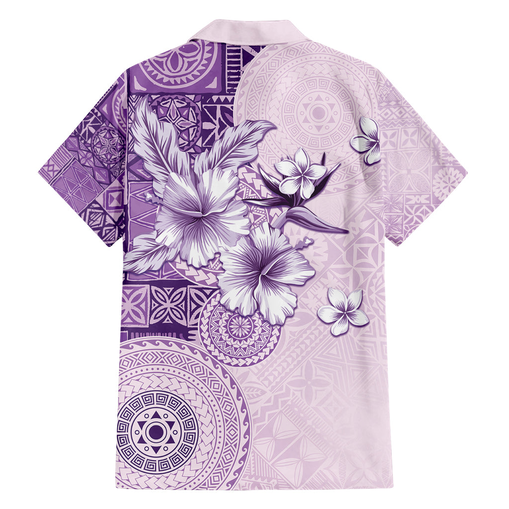 Hawaii Tapa Pattern With Violet Hibiscus Family Matching Long Sleeve Bodycon Dress and Hawaiian Shirt