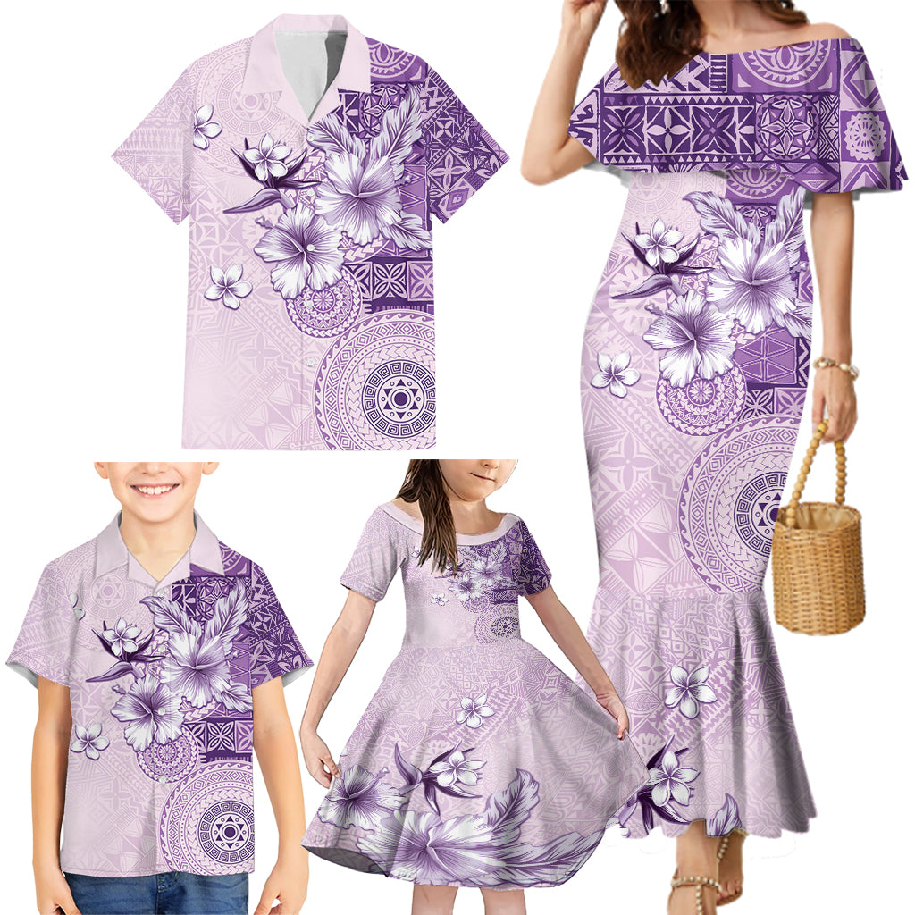 Hawaii Tapa Pattern With Violet Hibiscus Family Matching Mermaid Dress and Hawaiian Shirt