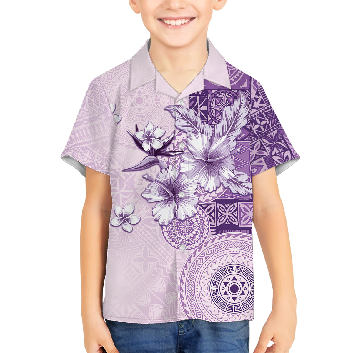 Hawaii Tapa Pattern With Violet Hibiscus Family Matching Off The Shoulder Long Sleeve Dress and Hawaiian Shirt
