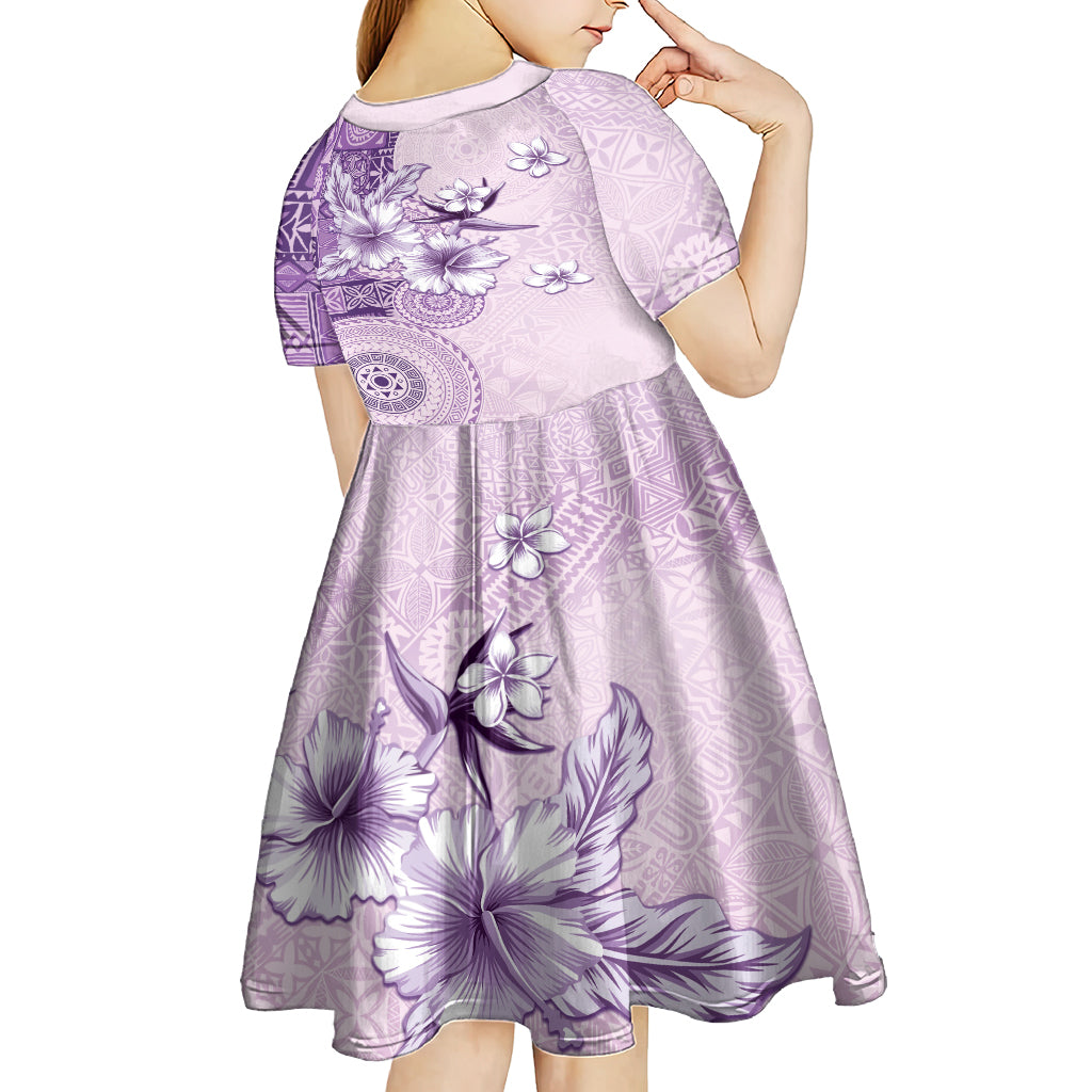 Hawaii Tapa Pattern With Violet Hibiscus Kid Short Sleeve Dress