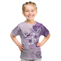 Hawaii Tapa Pattern With Violet Hibiscus Kid T Shirt LT05 Violet - Polynesian Pride