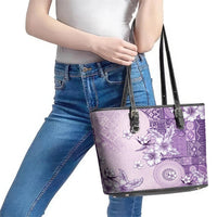 Hawaii Tapa Pattern With Violet Hibiscus Leather Tote Bag
