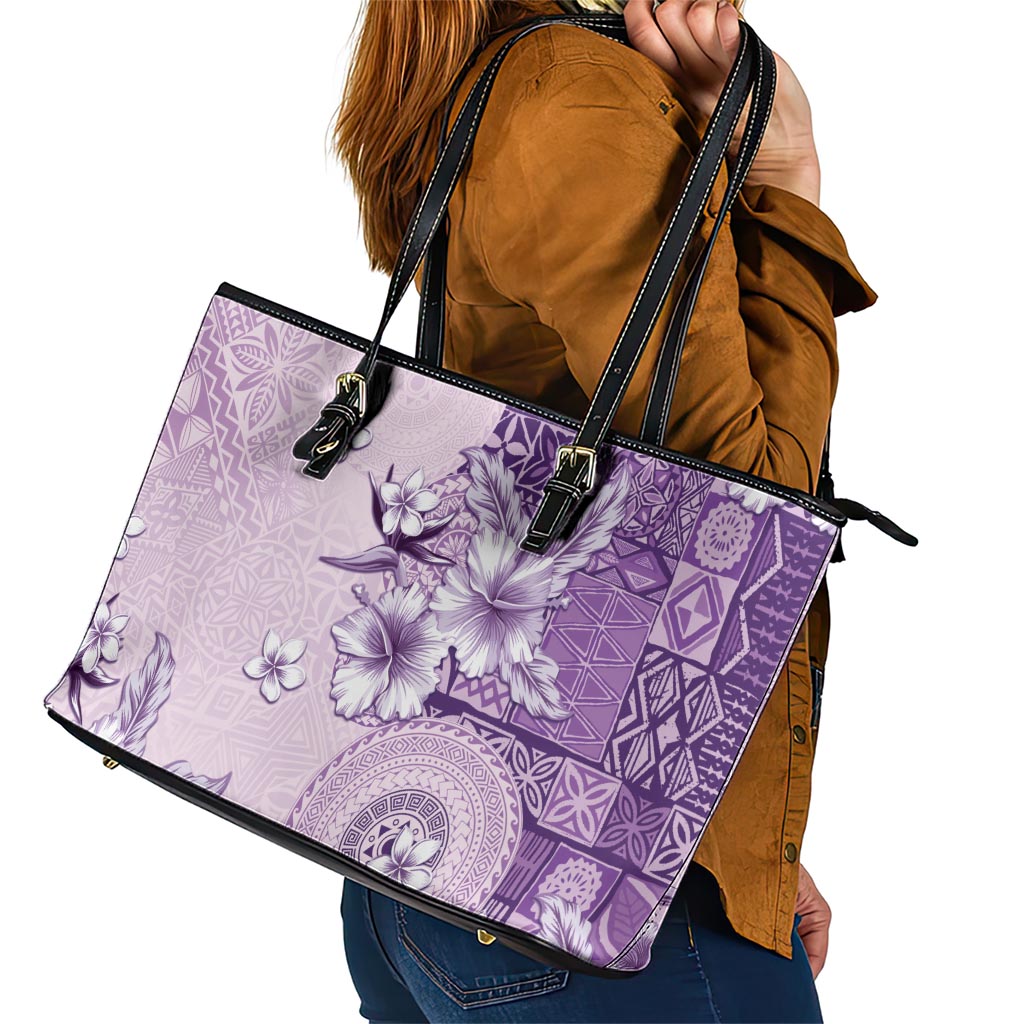 Hawaii Tapa Pattern With Violet Hibiscus Leather Tote Bag
