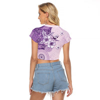 Hawaii Tapa Pattern With Violet Hibiscus Raglan Cropped T Shirt LT05 - Polynesian Pride