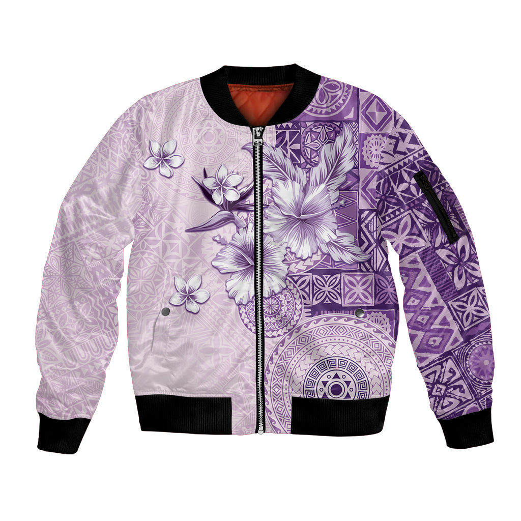 Hawaii Tapa Pattern With Violet Hibiscus Sleeve Zip Bomber Jacket