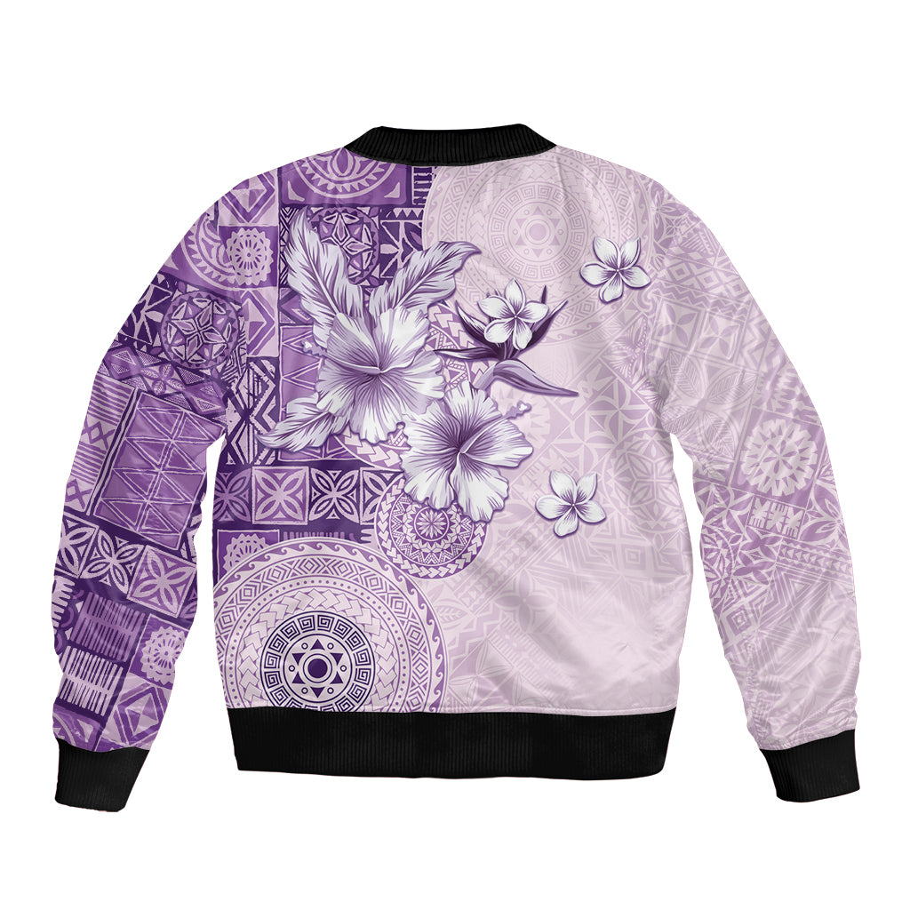 Hawaii Tapa Pattern With Violet Hibiscus Sleeve Zip Bomber Jacket