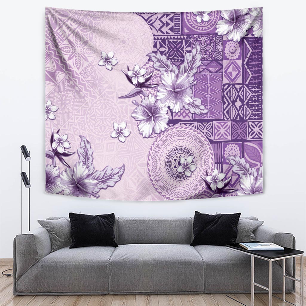 Hawaii Tapa Pattern With Violet Hibiscus Tapestry LT05 Violet - Polynesian Pride