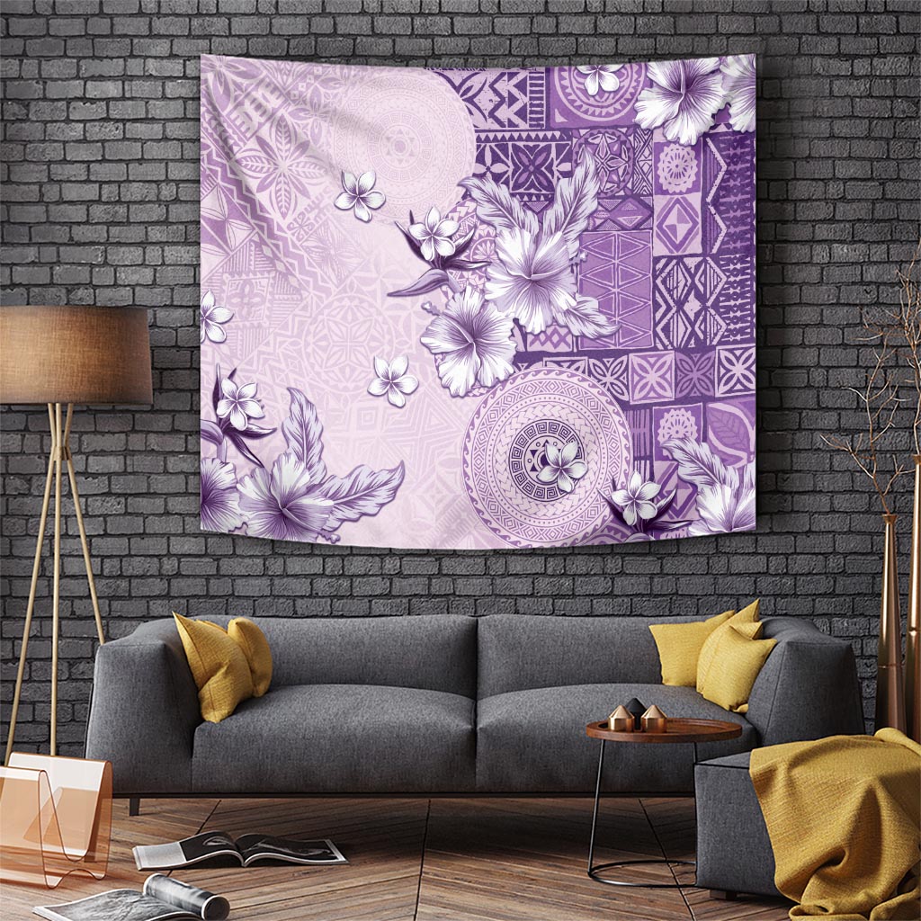 Hawaii Tapa Pattern With Violet Hibiscus Tapestry LT05 - Polynesian Pride