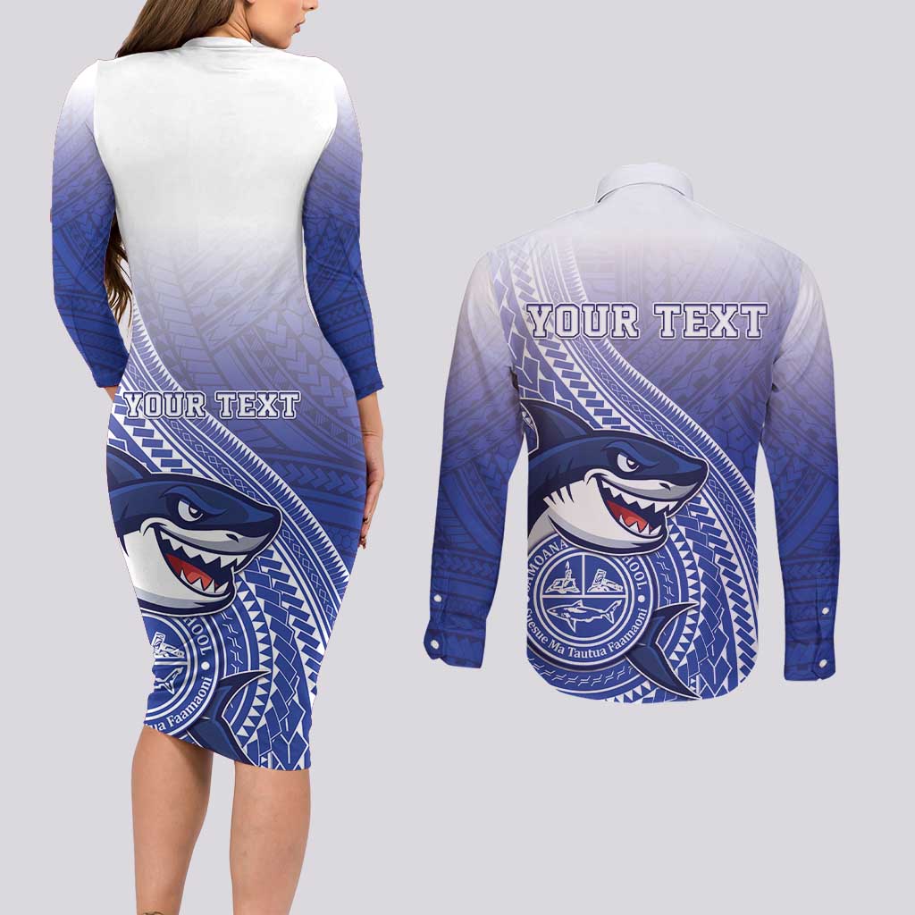 Personalized Samoana High School Couples Matching Long Sleeve Bodycon Dress and Long Sleeve Button Shirt Polynesian Tribal Shark