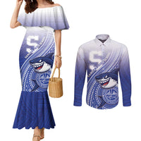 Personalized Samoana High School Couples Matching Mermaid Dress and Long Sleeve Button Shirt Polynesian Tribal Shark LT05 Blue - Polynesian Pride