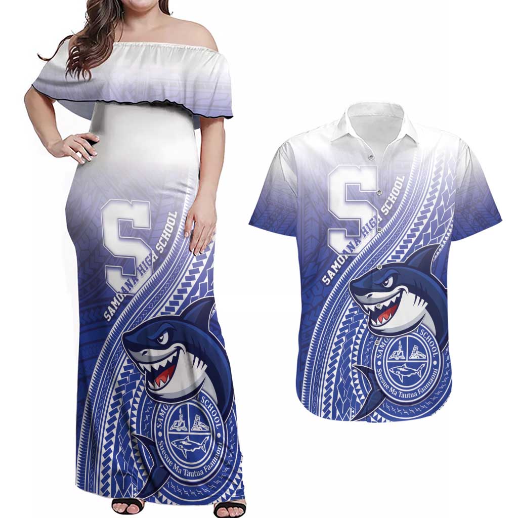Personalized Samoana High School Couples Matching Off Shoulder Maxi Dress and Hawaiian Shirt Polynesian Tribal Shark