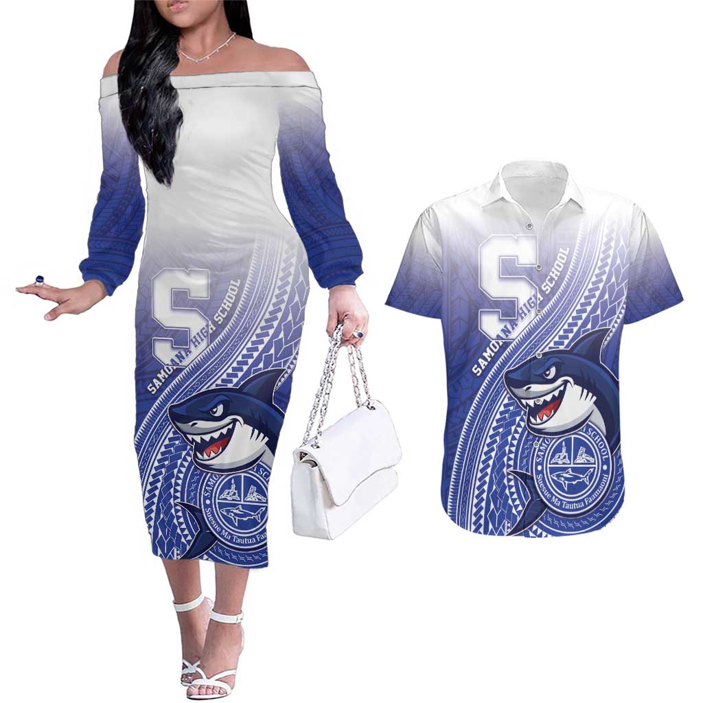 Personalized Samoana High School Couples Matching Off The Shoulder Long Sleeve Dress and Hawaiian Shirt Polynesian Tribal Shark