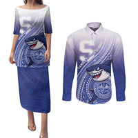 Personalized Samoana High School Couples Matching Puletasi and Long Sleeve Button Shirt Polynesian Tribal Shark