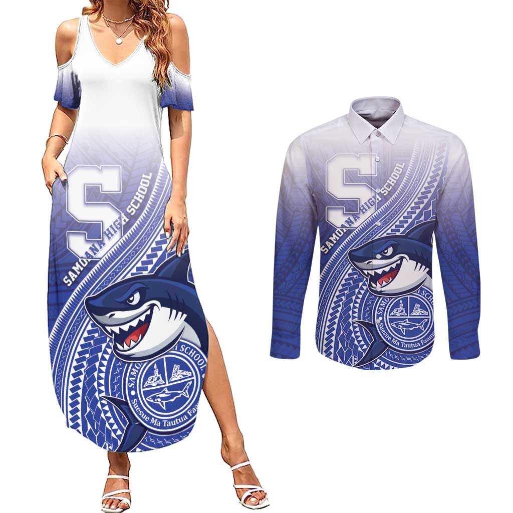 Personalized Samoana High School Couples Matching Summer Maxi Dress and Long Sleeve Button Shirt Polynesian Tribal Shark