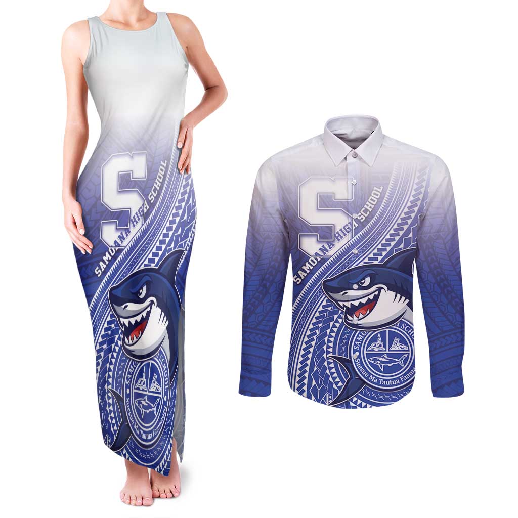 Personalized Samoana High School Couples Matching Tank Maxi Dress and Long Sleeve Button Shirt Polynesian Tribal Shark