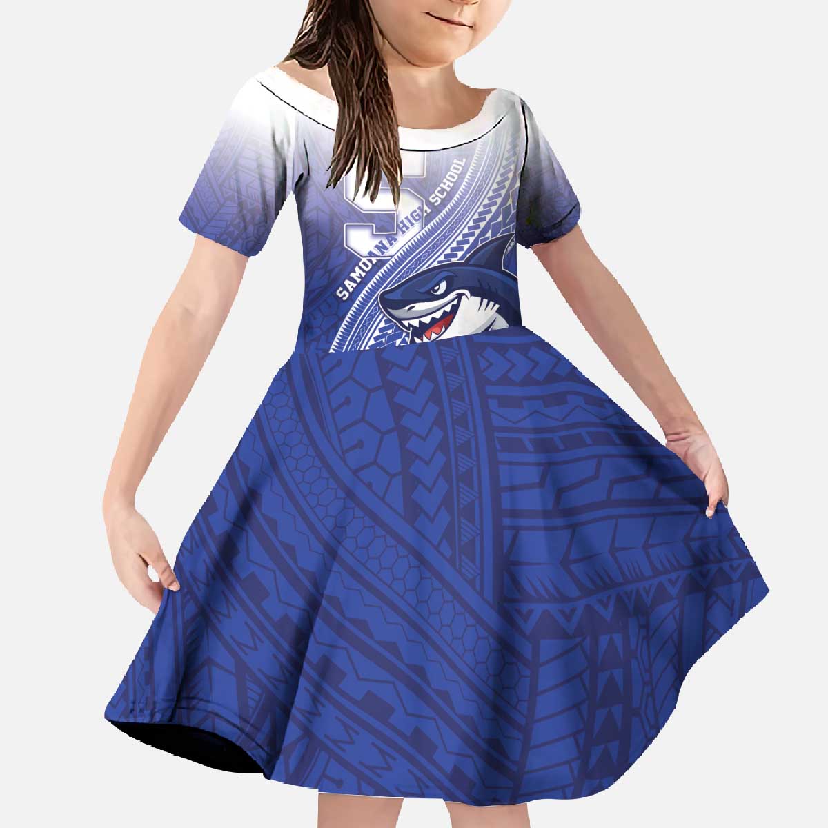 Personalized Samoana High School Family Matching Off The Shoulder Long Sleeve Dress and Hawaiian Shirt Polynesian Tribal Shark