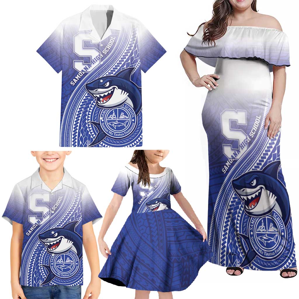 Personalized Samoana High School Family Matching Off Shoulder Maxi Dress and Hawaiian Shirt Polynesian Tribal Shark