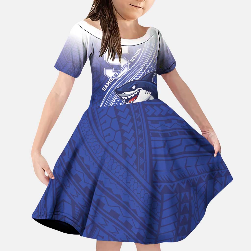 Personalized Samoana High School Family Matching Puletasi and Hawaiian Shirt Polynesian Tribal Shark LT05 Daughter's Dress Blue - Polynesian Pride