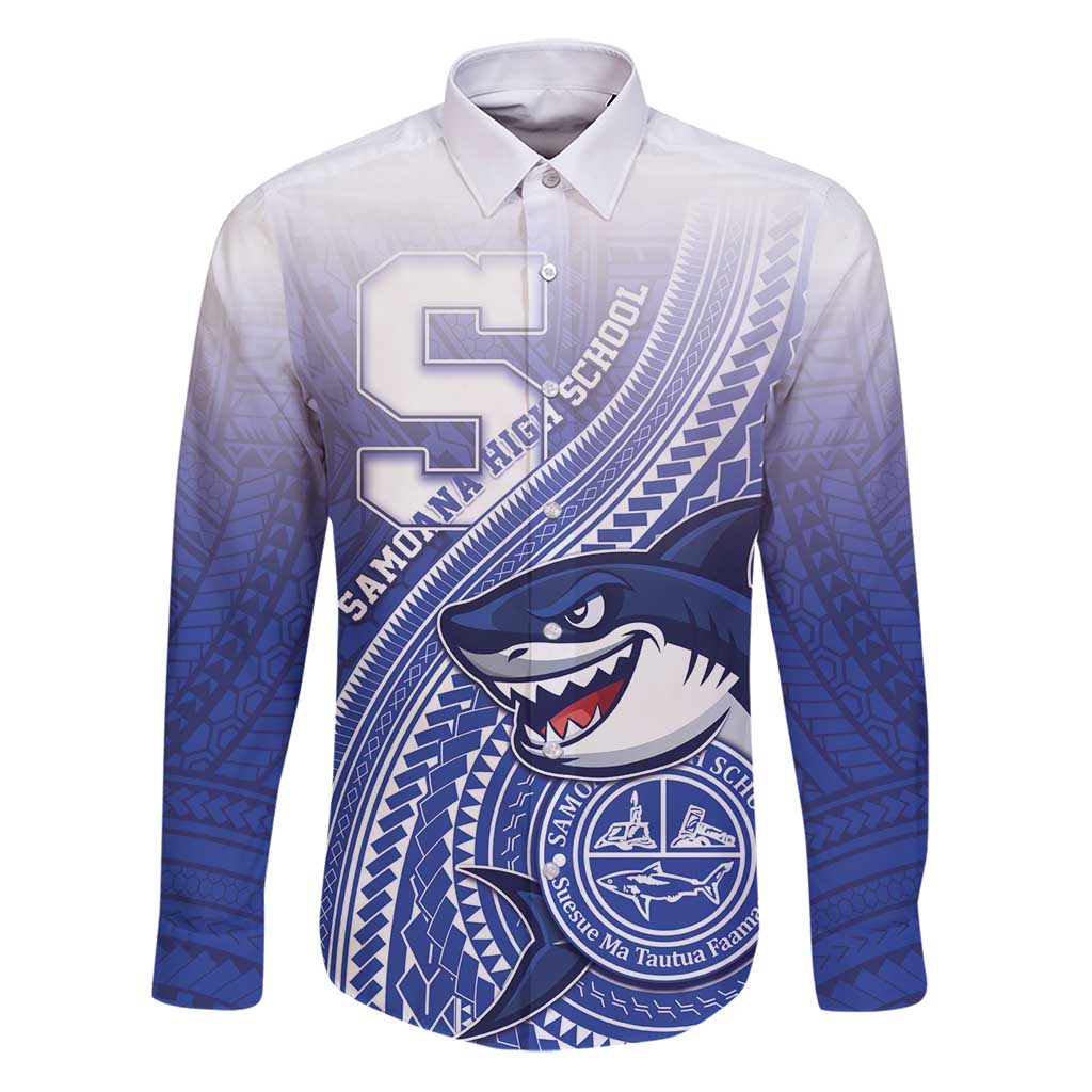 Personalized Samoana High School Family Matching Puletasi and Hawaiian Shirt Polynesian Tribal Shark LT05 Dad's Shirt - Long Sleeve Blue - Polynesian Pride