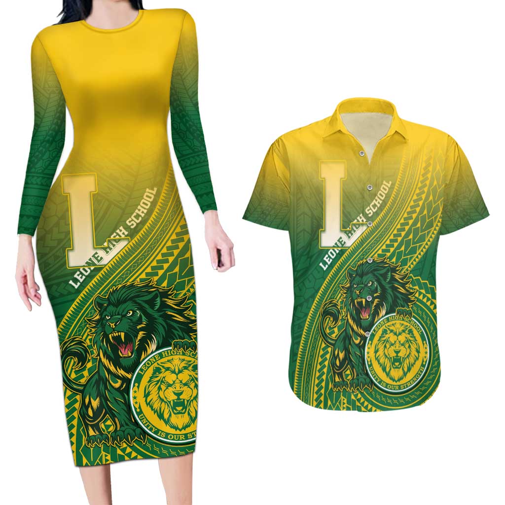 Personalized Leone High School Couples Matching Long Sleeve Bodycon Dress and Hawaiian Shirt Leone Lion