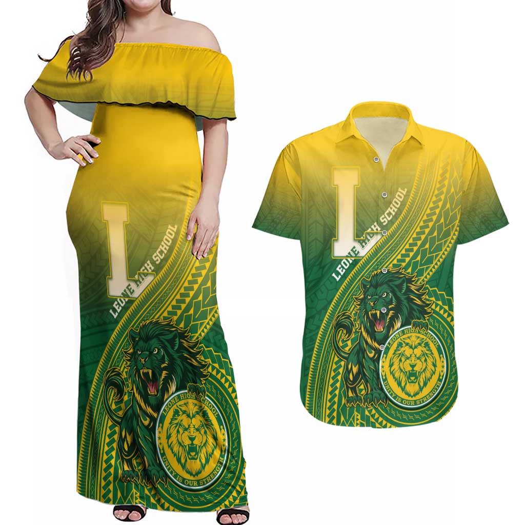 Personalized Leone High School Couples Matching Off Shoulder Maxi Dress and Hawaiian Shirt Leone Lion